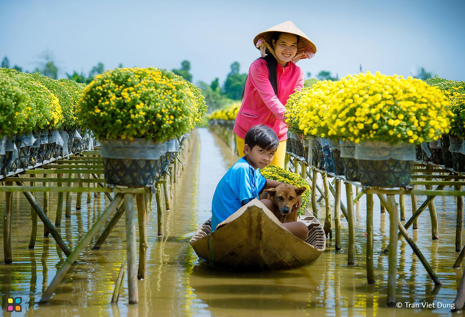 A woman, a boy and a dog float through a flower farm, tending to the blooms in a traditional boat.
Photographer: Tran Viet Dung   Location: Vietnam