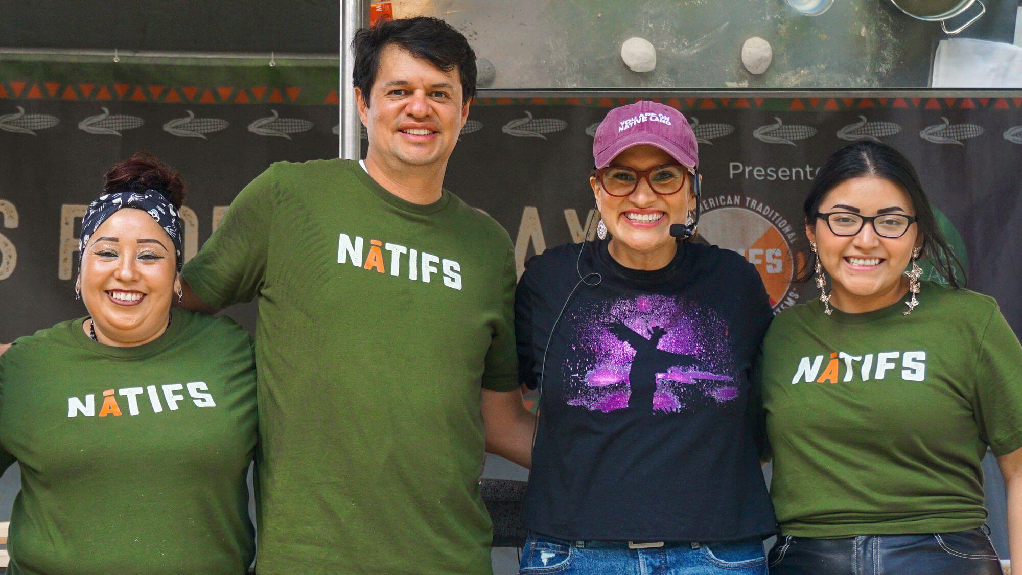 Culinary Lead, Ismael Popoca Aguilar, Nixtamal Lead, Laura Garcia and her daughter Wendy with special guest Lt. Gov. Peggy Flanagan after their Nixtamalization demo.
Photo: Maia Jacobson @ NATIFS