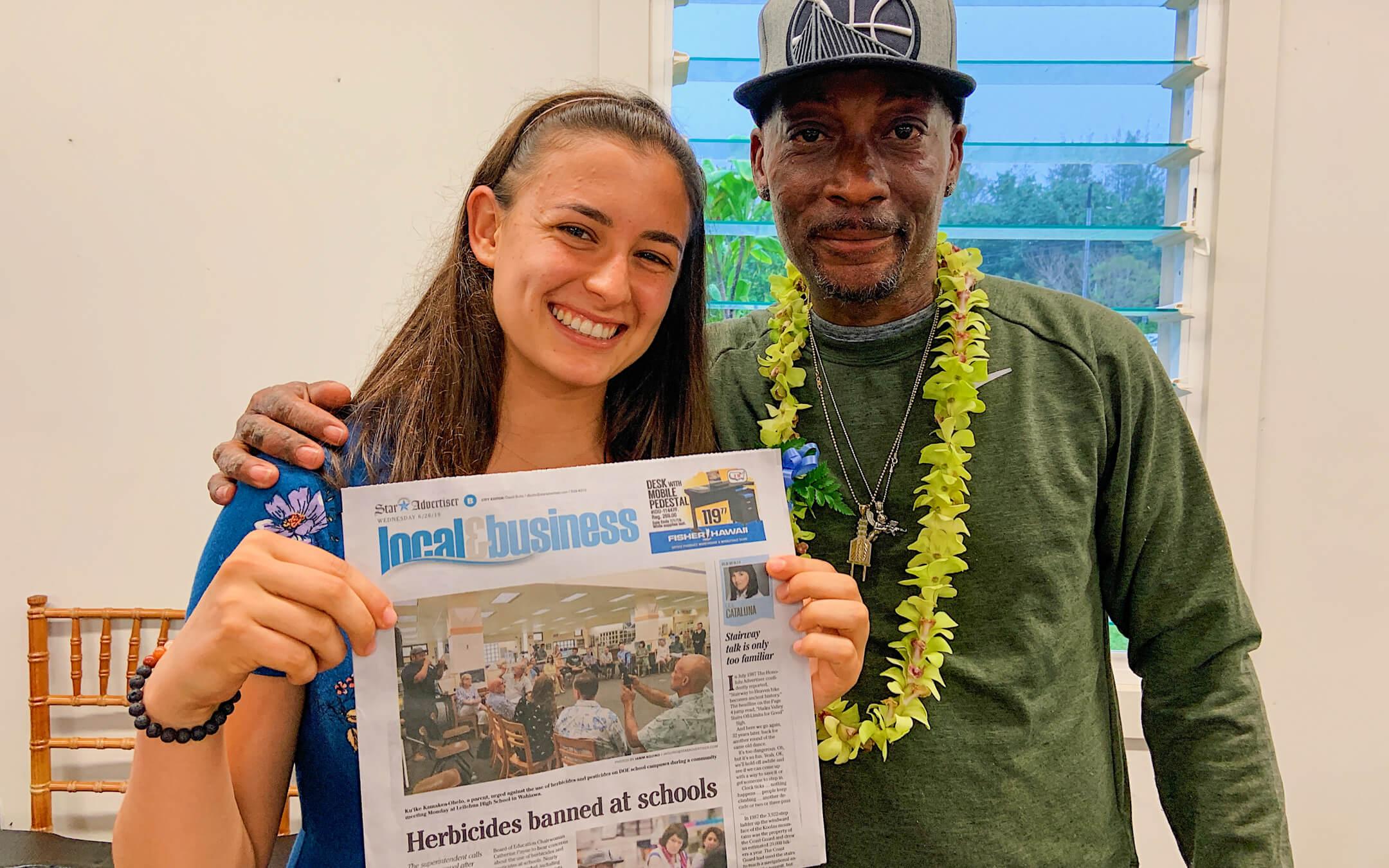 Founder of Re:wild Your Campus and Dewayne “Lee” Johnson, a groundskeeper, celebrate their win in the fight against pesticide use.
Photo: Re:wild Your Campus