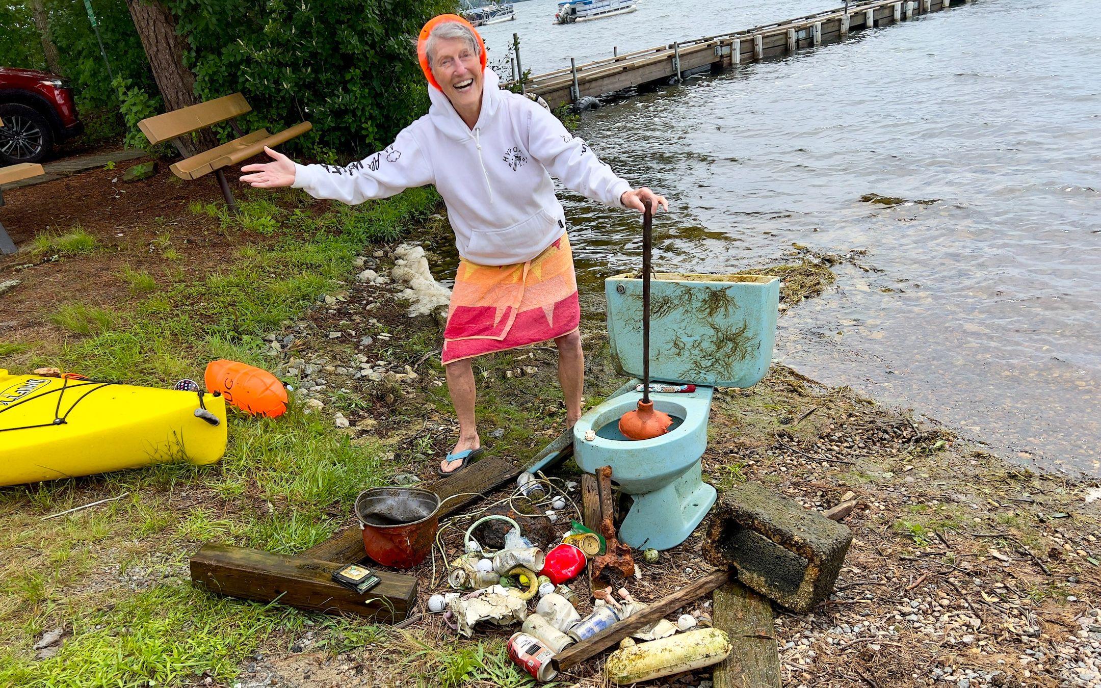 OLAUG founder, Susan Baur, stands next to a particularly impressive trash haul.
Photo: Old Ladies Against Underwater Garbage