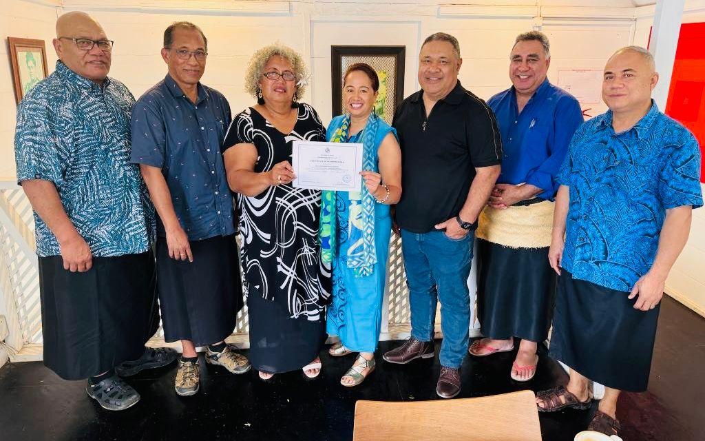 The dedicated Board of Tonga’s only Indigenous ocean focussed NGO, Huelo Matamoana Trust, Tonga. (L-R) Co-Chair Melino Maka, Dr. ‘Uhilamoelangi Fasi, Co-Chair Melesila Weilert, Pacific Whale Fund CEO Mere Takoko, CEO George Koloamatangi, Dr. William Edwards, and Dr. Aisake Eka (Prime Minister of Tonga).
Photo: Pacific Whale Fund