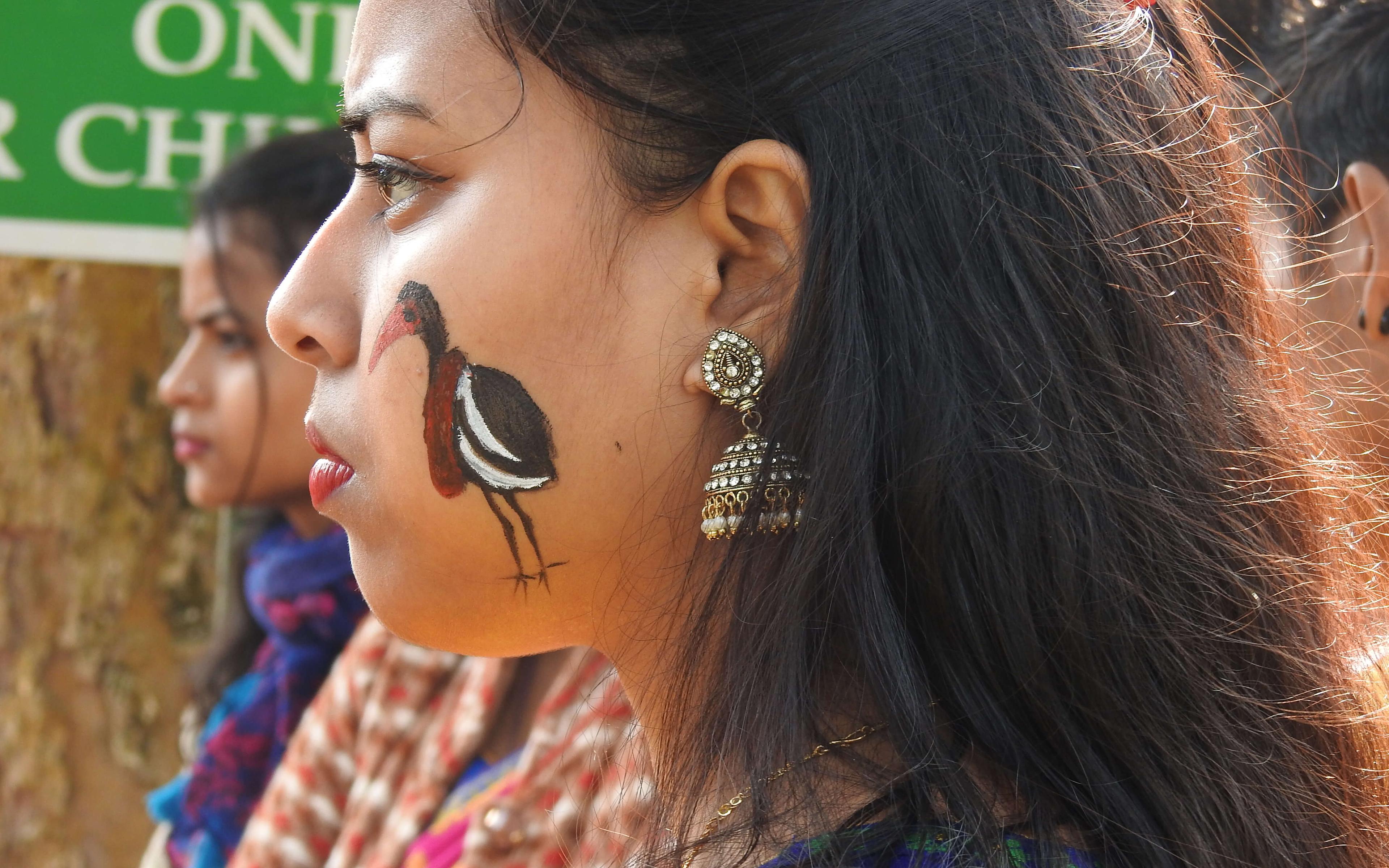 A woman in the Hargila Army looks forward with a cleverly painted stork on her cheek.
Photo: The Hargila Army