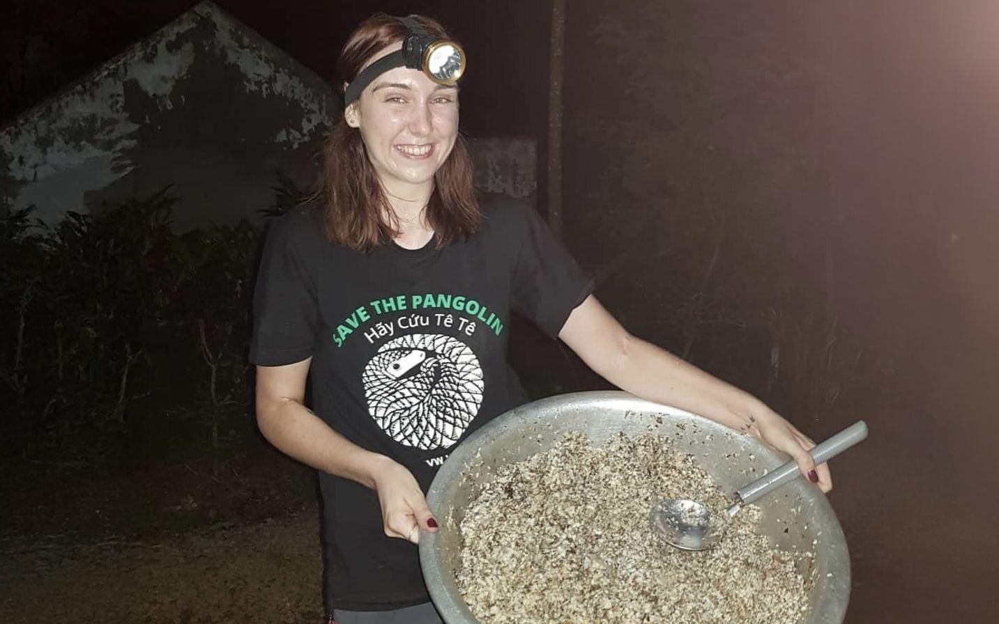 Demi volunteering at Save Vietnam's wildlife with a bowl full of delicious ant eggs for pangolins rescued from wildlife trafficking.
Photo: Demi Booth
