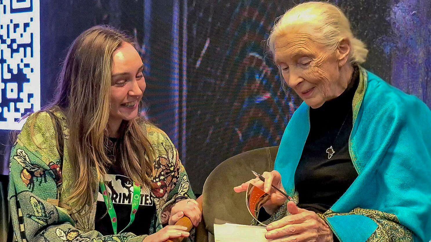 The author, Demi Booth, with Jane Goodall during her lecture, ‘Pollination for Change,’ in Dubai, January 2025.
Photo: Demi Booth