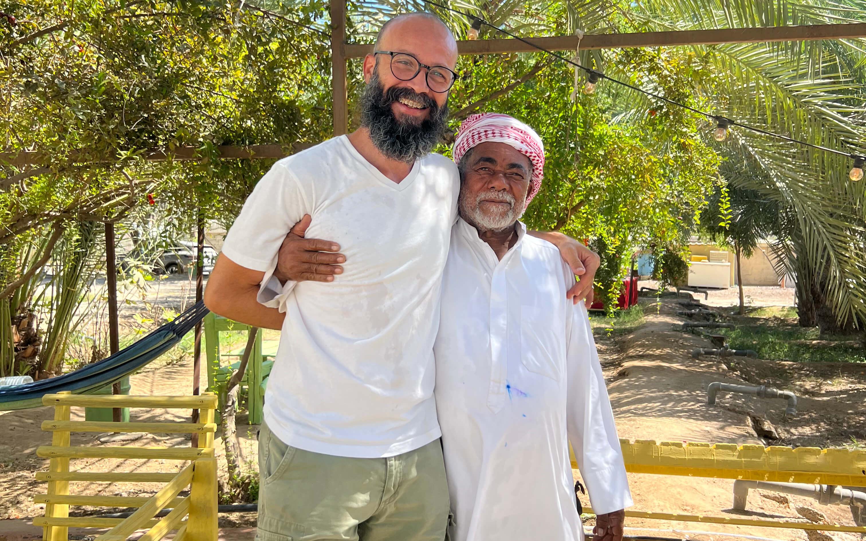 Marwan Ghunaim, co-founder of Grassroots Village, and Mubarak at the village in Hatta, UAE.
Photo: Grassroots Village