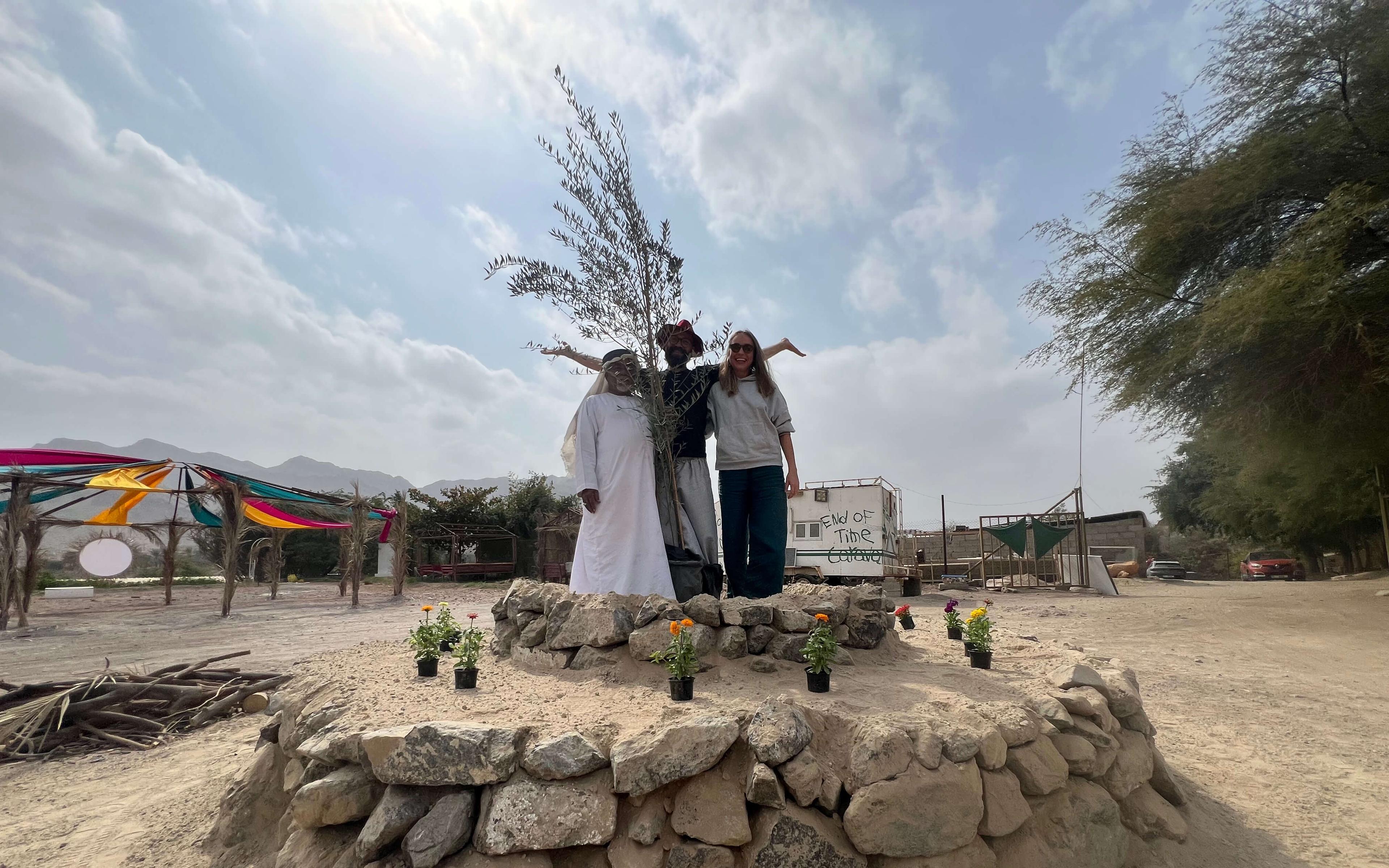 Marwan Ghunaim, Sima Basel, and Mubarak at Grassroots Village in Hatta, UAE.
Photo: Grassroots Village